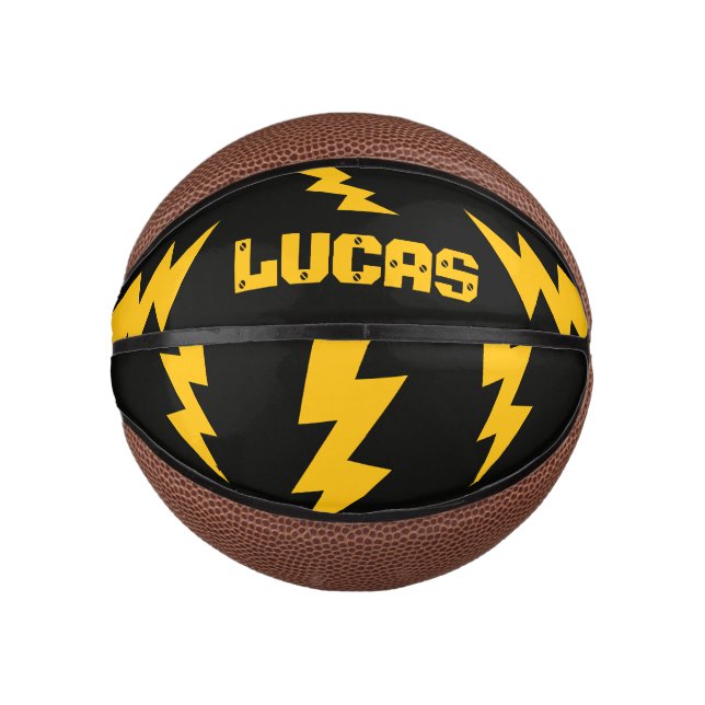 Yellow lighting bolt strike flash custom name mini basketball (Front)