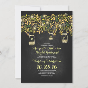 yellow lights mason jars floral chalkboard wedding invitation