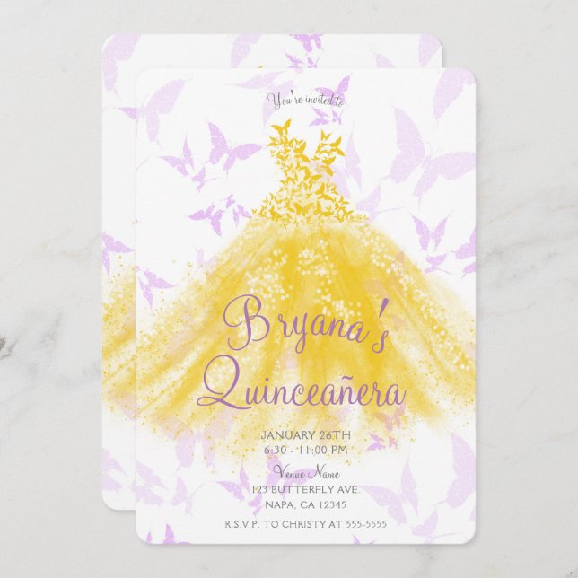 Yellow & Lilac Butterfly Dance Dress Quinceañera  Invitation (Front/Back)