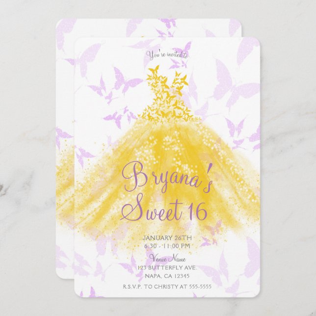 Yellow Lilac Butterfly Dance Dress Sweet 16 Party  Invitation (Front/Back)