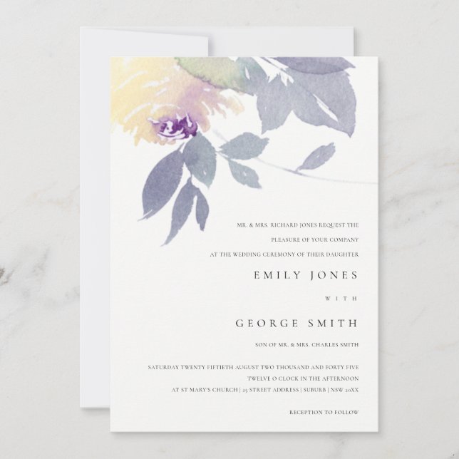 YELLOW LILAC WATERCOLOR FLORAL WEDDING INVITE (Front)
