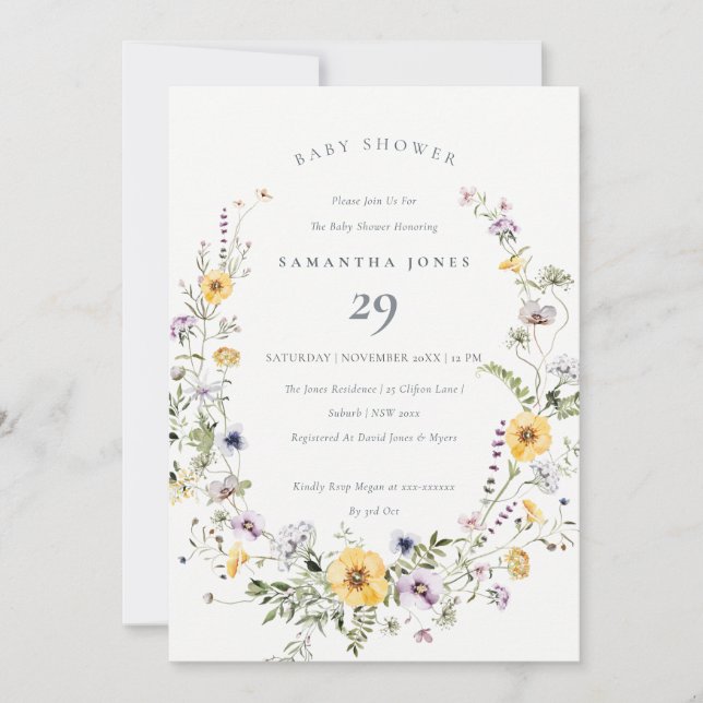 Yellow Lilac Wildflower Wreath Baby Shower Invite (Front)