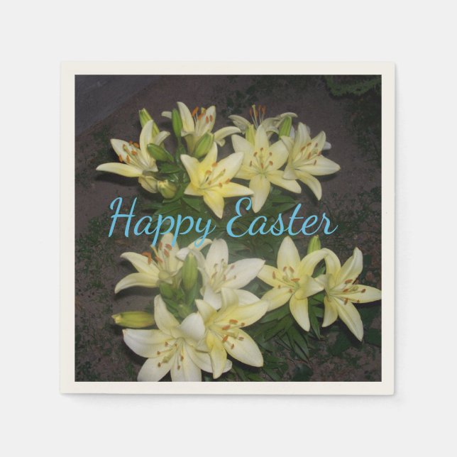 Yellow Lily Cluster Dark Background Happy Easter Napkin (Front)