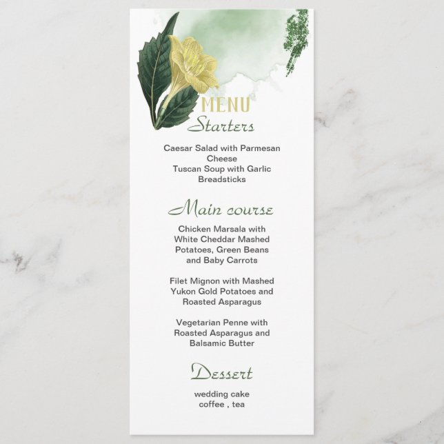yellow lily flower green leaves wedding menu (Front)