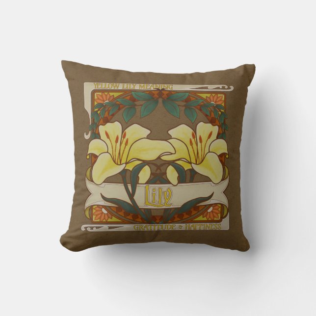 Yellow Lily Vintage Flowers Gratitude Happiness Cushion (Front)