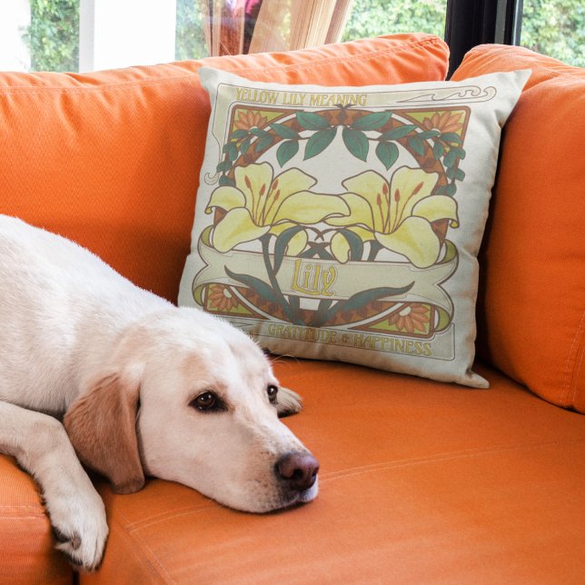 Yellow Lily Vintage Flowers Gratitude Happiness Cushion (Yellow Lilies Vintage Floral Throw Pillow: Victorian Flower Meaning Gratitude and Happiness )