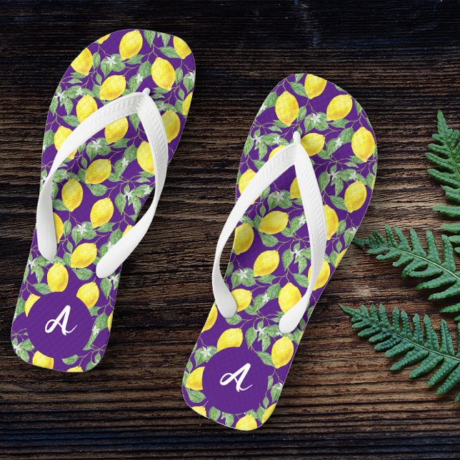 Yellow lime citrus pattern name purple thongs (Creator Uploaded)