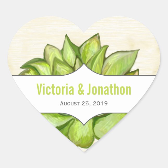 Yellow Lime Succulent Modern Typography Wedding Heart Sticker (Front)