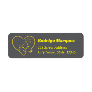 Yellow Line Art Cat, Dog, and Heart Return Address Label
