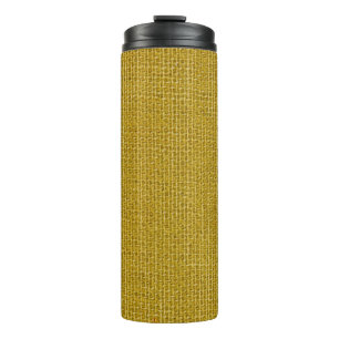 Yellow linen texture closeup photo background. thermal tumbler