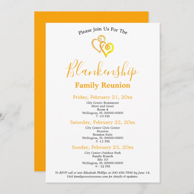 Yellow Linked Hearts 3-Day Family Reunion  Invitation (Front/Back)