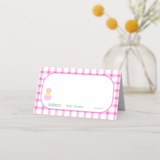 Yellow Little Chick Pink Check border folded Place Card (Front)