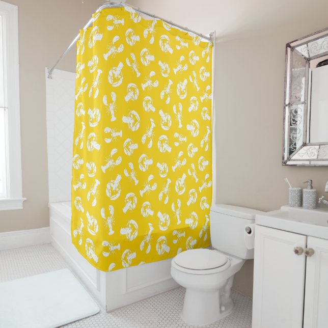 Yellow Lobster Print Shower Curtain (In Situ)