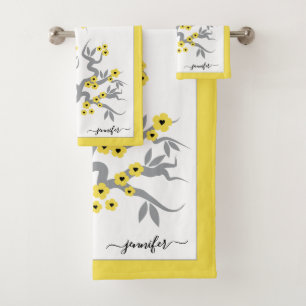 Yellow love birds grey cherry tree blossoms border bath towel set