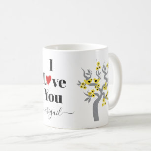 Yellow Love birds, grey cherry tree with blossoms Coffee Mug