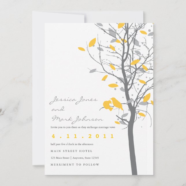 Yellow Love Birds in Tree with Grey Leaves Invitation (Front)