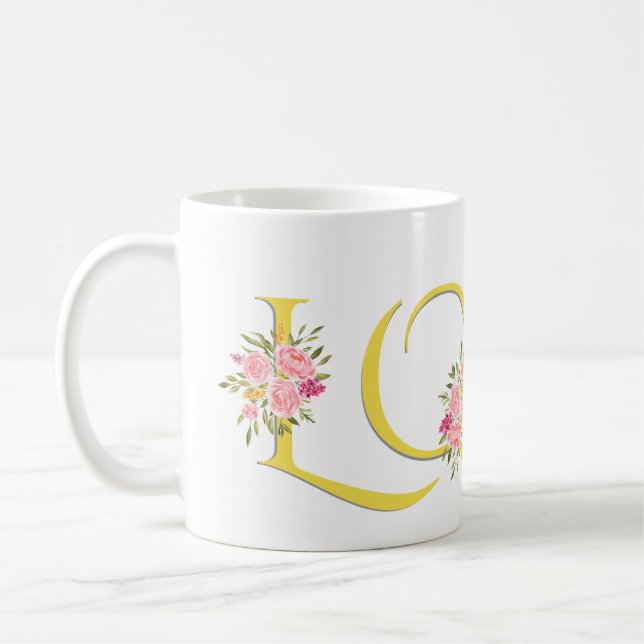 Yellow LOVE, blush pink roses Valentines Day Coffee Mug (Left)