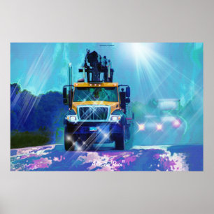 Yellow Lumber Truck in Rain Art Poster