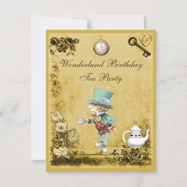 Yellow Mad Hatter Wonderland Birthday Tea Party Invitation (Front)
