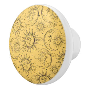Yellow Magic Vintage Celestial Sun Moon Stars Ceramic Knob