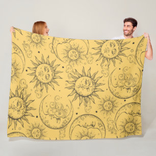 Yellow Magic Vintage Celestial Sun Moon Stars Fleece Blanket