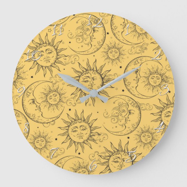 Yellow Magic Vintage Celestial Sun Moon Stars Large Clock (Front)