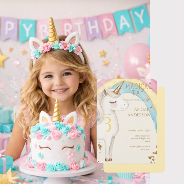 Yellow Magical Day Unicorn Girl Birthday Party Invitation (Creator Uploaded)