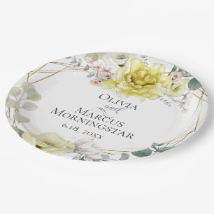 Yellow  Magnolia and Peony Summer Wedding Paper Plate