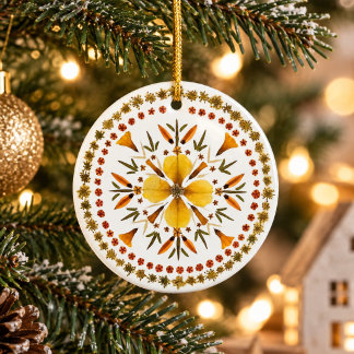 Yellow Mandala Pressed Flower From Original Art Ceramic Ornament