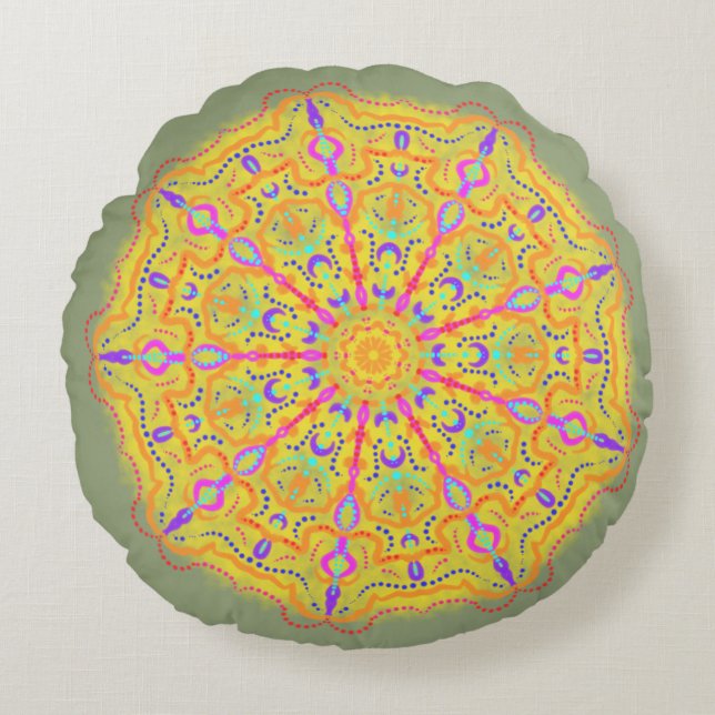 Yellow Mandala with pink Geometry Round Cushion (Front)