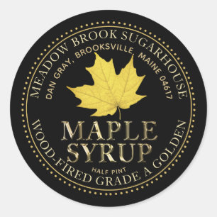 Yellow Maple Leaf Maple Syrup Metallic Gold Font Classic Round Sticker