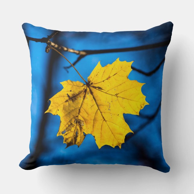 Yellow Maple Leaf On Blue Cushion (Front)