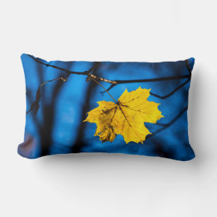 Yellow Maple Leaf On Blue Lumbar Cushion