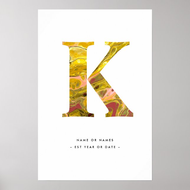 Yellow Marble Letter K Initial Personalised Art Poster (Front)