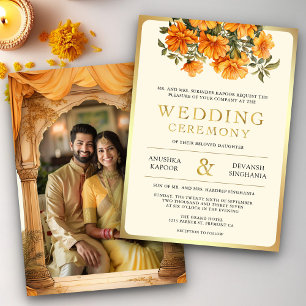 Yellow Marigold Floral South Indian Photo Wedding Invitation