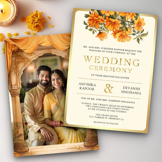 Yellow Marigold Floral South Indian Photo Wedding Invitation (Creator Uploaded)