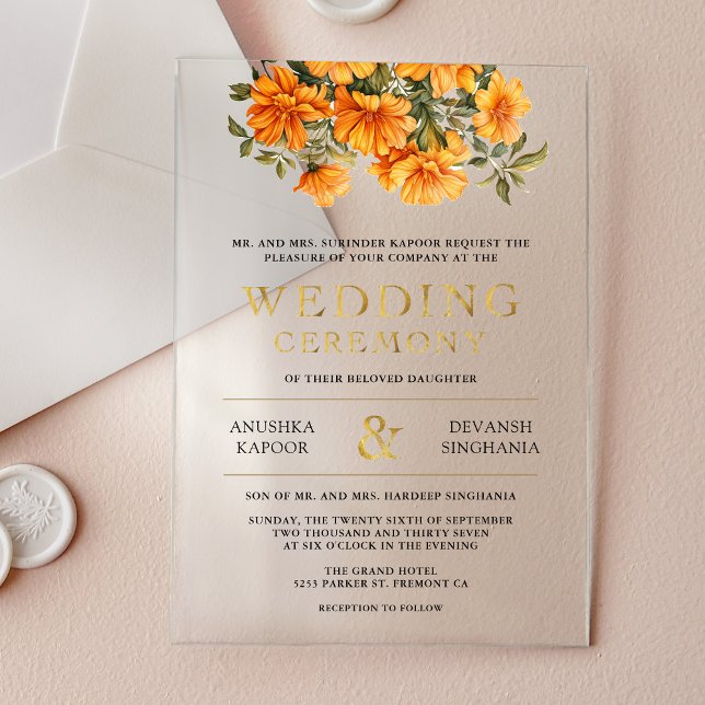 Yellow Marigold Floral South Indian Wedding Acrylic Invitations (Creator Uploaded)