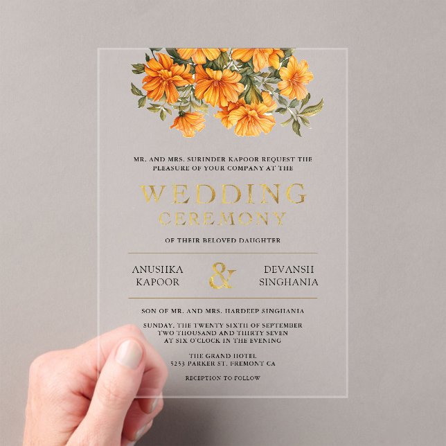Yellow Marigold Floral South Indian Wedding Acrylic Invitations (Insitu (Handheld))