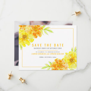 Yellow marigold floral watercolor wedding photo save the date