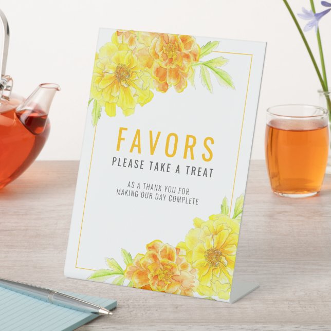 Yellow marigold watercolor art wedding favours pedestal sign (In SItu)