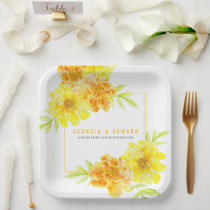 Yellow marigold watercolor flower wedding square paper plate