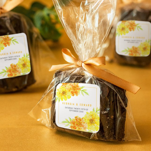 Yellow marigold watercolor flower wedding square sticker (Creator Uploaded)