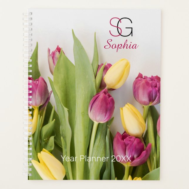 Yellow & Maroon Tulips, Name Monogram, Year Planner (Front)