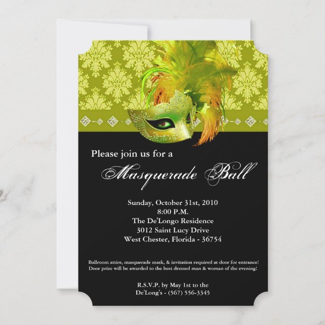 Yellow Masquerade Ball Mask Costume Halloween Part Invitation (Front)
