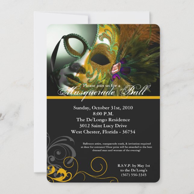 Yellow Masquerade Ball Mask Costume Halloween Part Invitation (Front)
