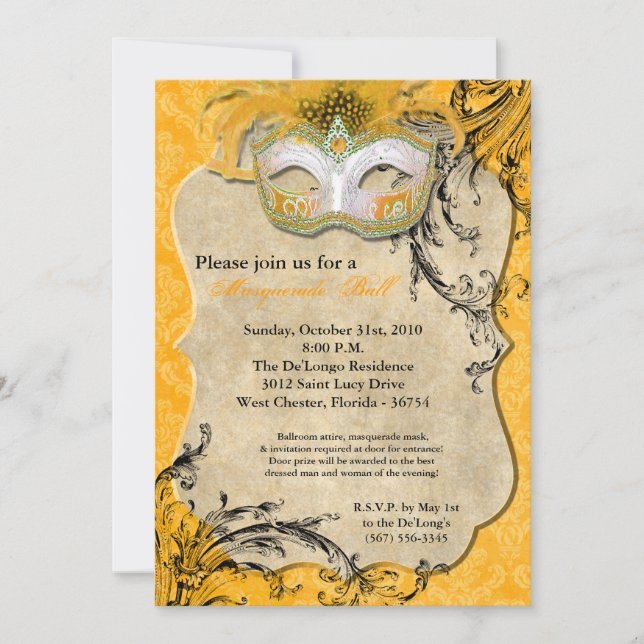 Yellow Masquerade Ball Mask Costume Halloween Part Invitation (Front)