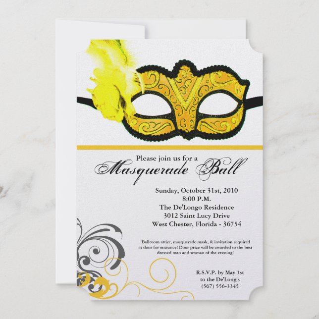Yellow Masquerade Ball Mask Costume Halloween Part Invitation (Front)