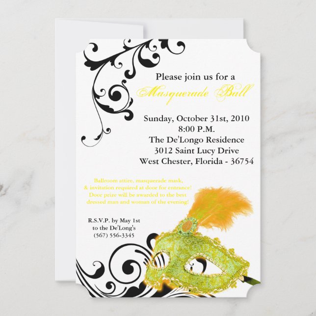 Yellow Masquerade Ball Mask Costume Halloween Part Invitation (Front)