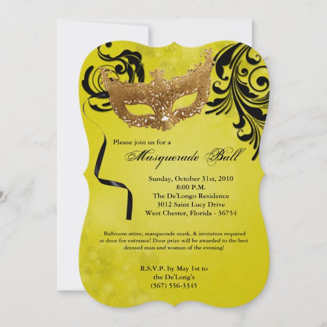 Yellow Masquerade Ball Mask Costume Halloween Part Invitation (Front)
