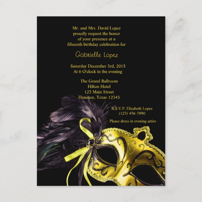 Yellow Masquerade Ball Quinceanera 15th Birthday Postcard (Front)